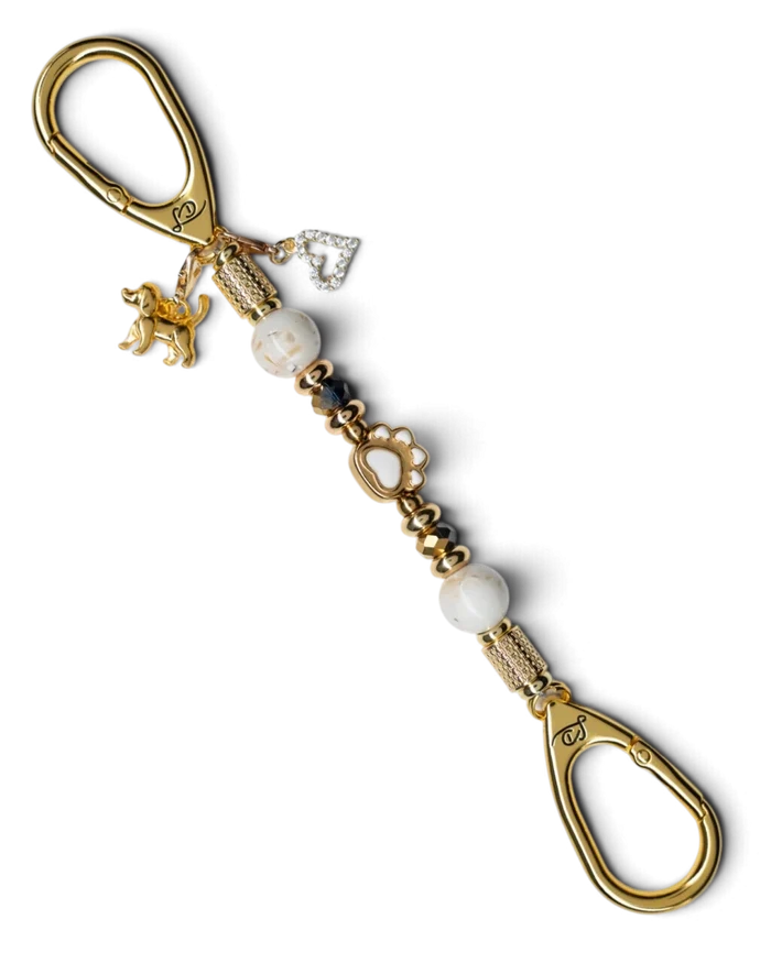 LD Keyfinder Furever Love-Mini keychain with white seashell beads, gold glass beads, paw charm, and dog heart charms.