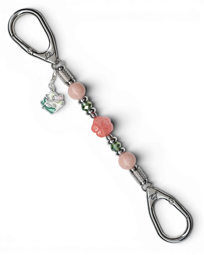 LD Keyfinder Garden Bliss-Mini featuring pink opal, cherry quartz flower, green glass beads, and enamel flower charm.