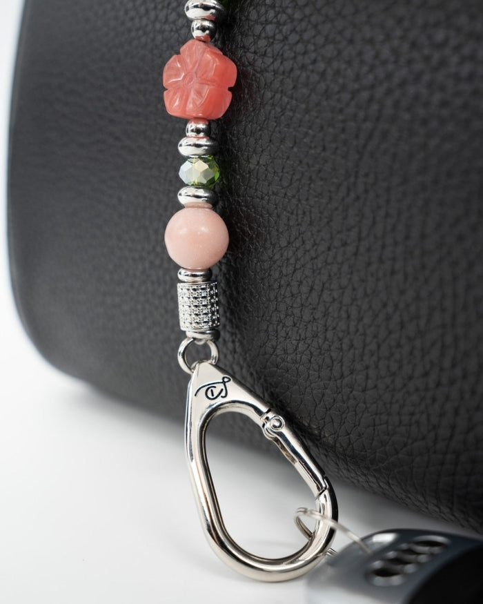LD Keyfinder Garden Bliss-Mini featuring pink opal beads, cherry quartz flower, and green glass beads on a platinum clasp.