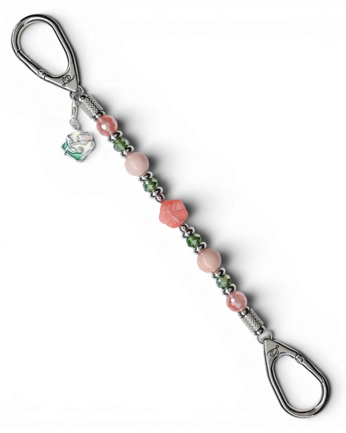 LD Keyfinder Garden Bliss beaded keychain with cherry quartz, pink opal, green glass beads, and enamel flower charm.