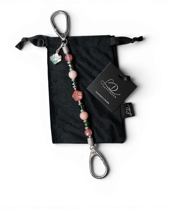 LD Keyfinder Garden Bliss beaded key finder with cherry quartz, pink opal, green glass beads, and a floral enamel charm.