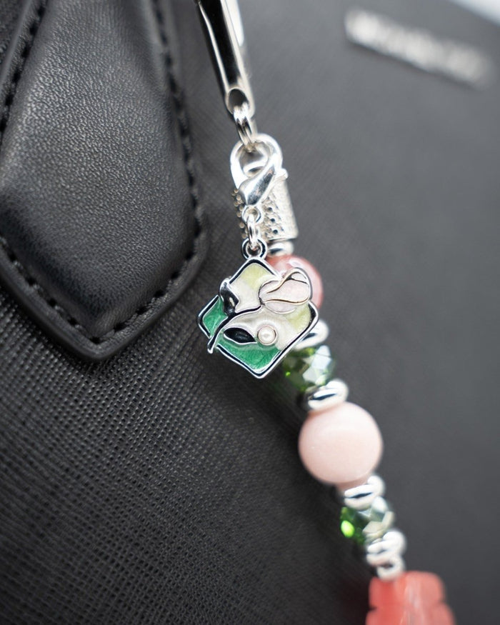 Platinum-Plated Pink Enamel Flower and Pearl Charm