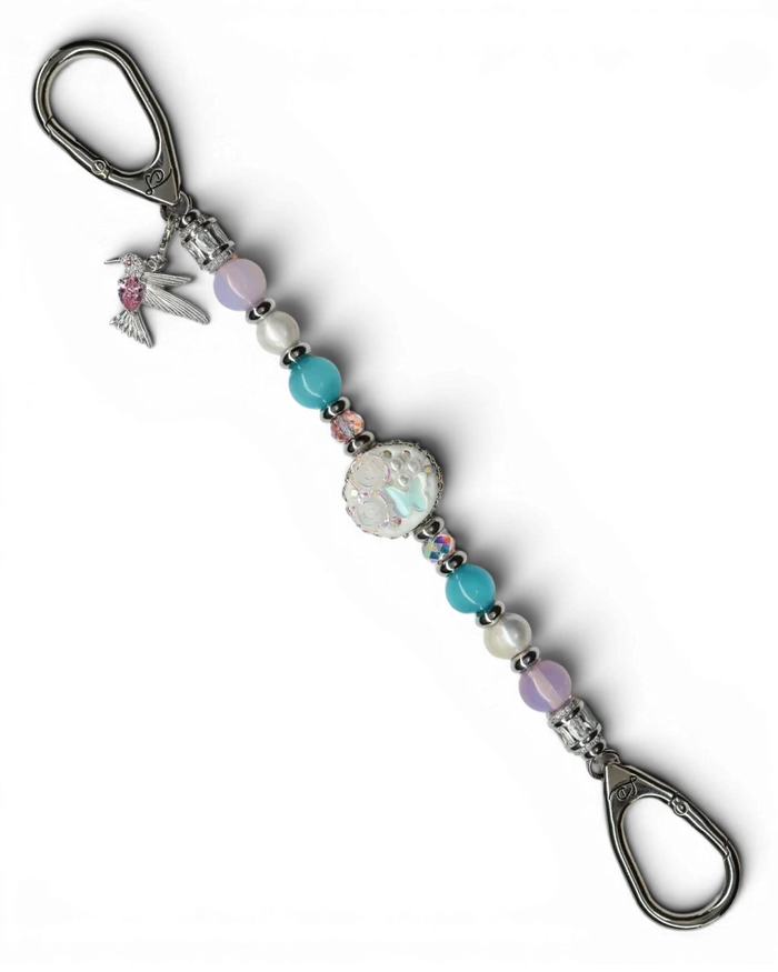 LD Keyfinder Garden Serenade beaded keyfinder with freshwater pearls, aqua cat's eye, pink opalite, and hummingbird charm