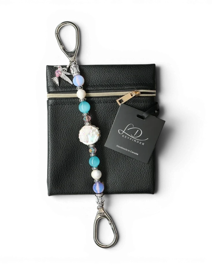 LD Keyfinder Garden Serenade beaded key chain with freshwater pearls, aqua cat's eye beads, and hummingbird charm.