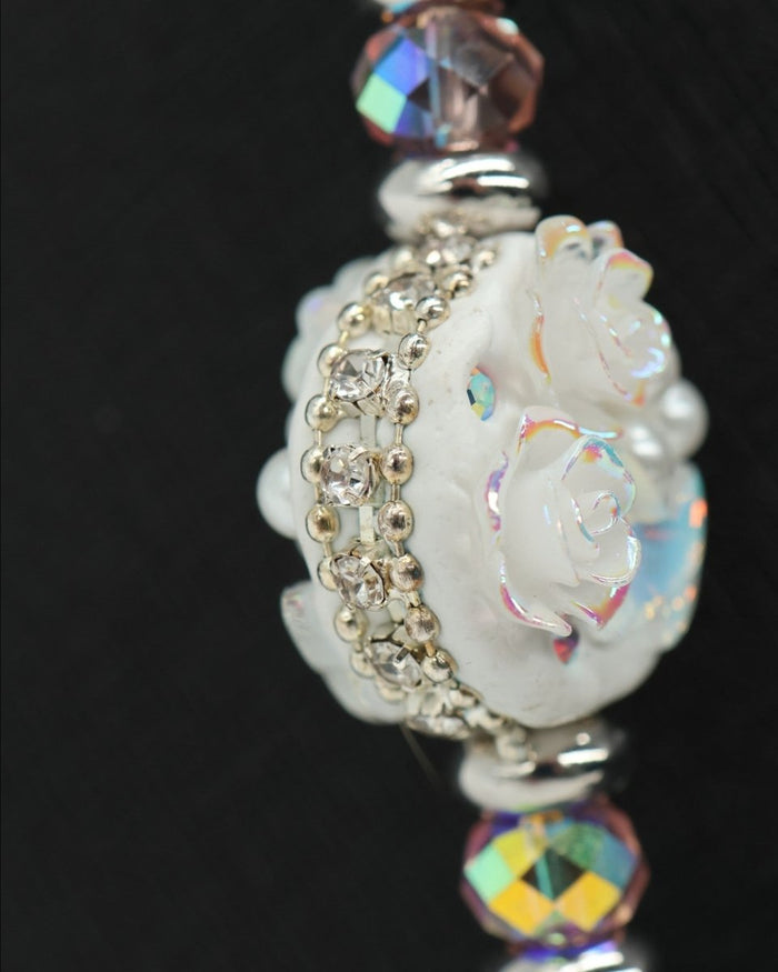 LD Keyfinder Garden Serenade artisan clay bead with floral details, rhinestones, aqua cat's eye, and pink glass beads.