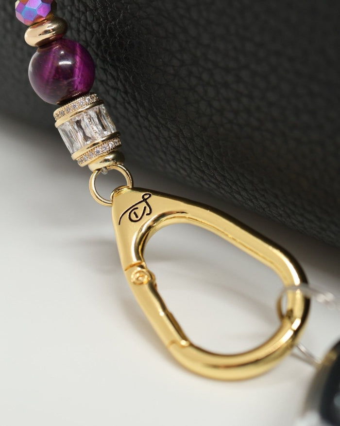 LD Keyfinder Gilded Fantasy lanyard with sky blue, topaz, purple tiger eye beads, gold accents, and blue flower charm.