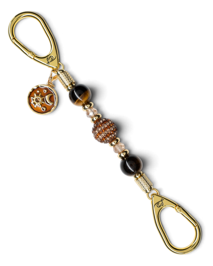 LD Keyfinder Golden Equinox-Mini with Tiger Eye beads, rhinestone centerpiece, and a gold sun and moon charm.