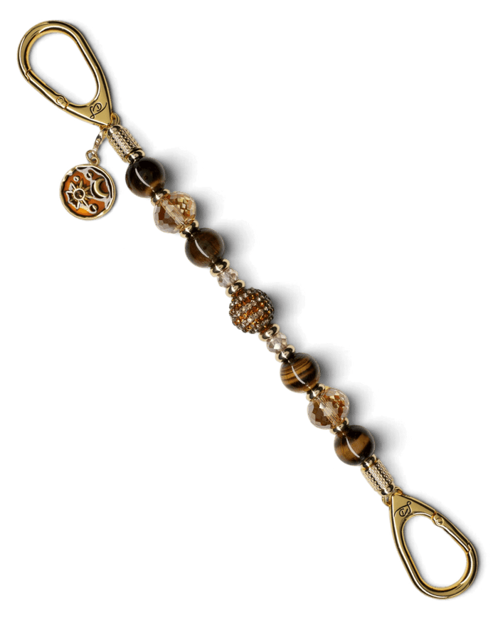 LD Keyfinder Golden Equinox beaded keychain with Tiger Eye, crystal beads, gold spacers, and a sun and moon charm.