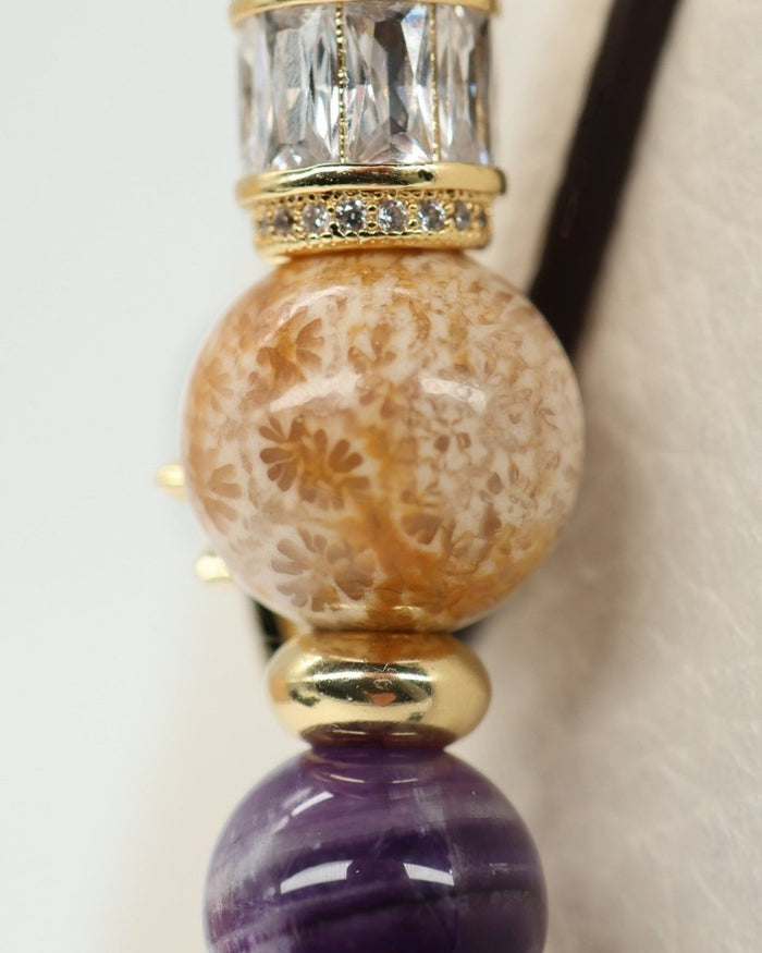 LD Keyfinder Golden Nebula: Fossil coral, amethyst, and glass beads with gold-plated accents and star charm.