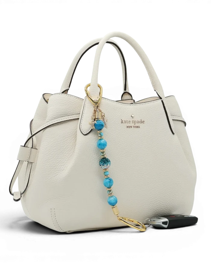 LD Keyfinder Golden Reef keychain with aqua hemimorphite beads, Austrian crystal, gold-plated charms of starfish and sea turtle.