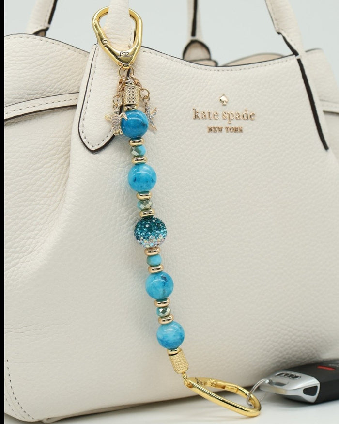 LD Keyfinder Golden Reef keychain with aqua hemimorphite beads, Austrian crystal, gold starfish and sea turtle charms.