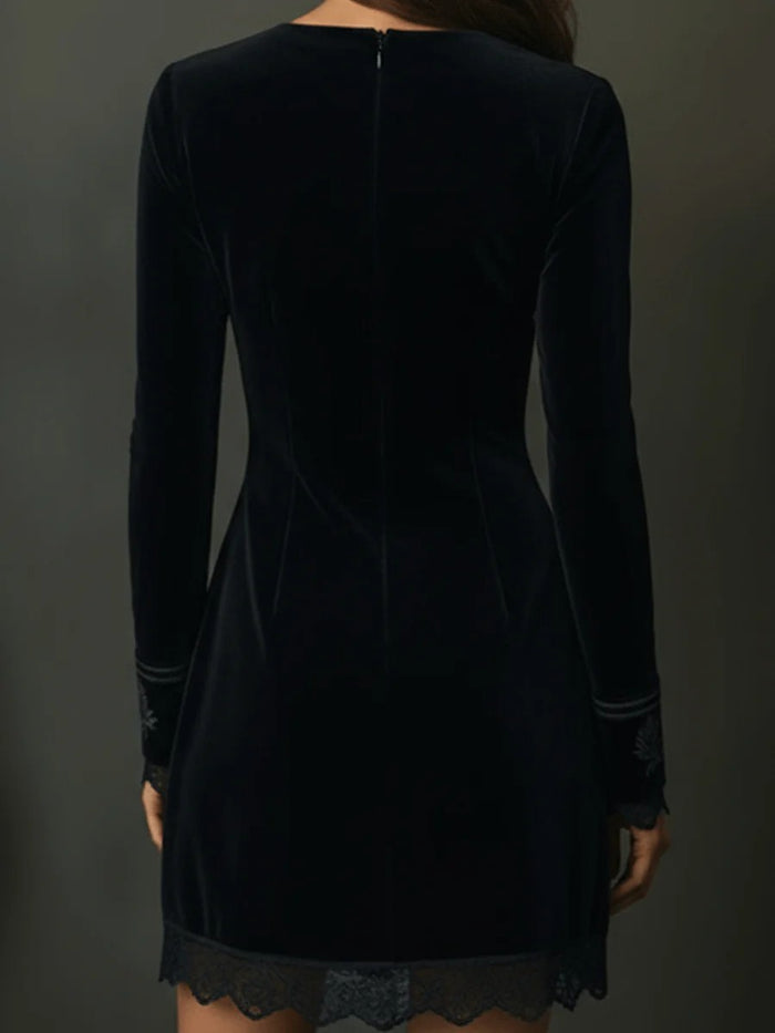 Gothic Velvet Mini Dress - Deep V Neck Long Sleeve Lace Trim Embroidered Bodycon Dress by Ricaloux