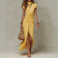 Half-high Neck Pleated Slit Maxi Evening Gown Dress by Ricaloux