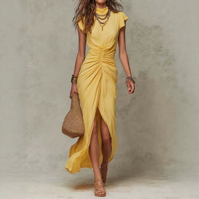 Half-high Neck Pleated Slit Maxi Evening Gown Dress by Ricaloux