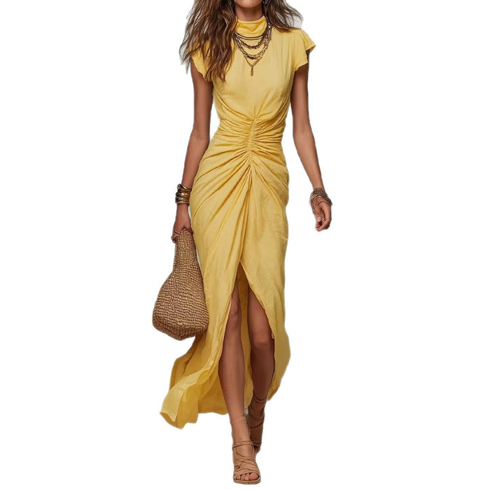 Half-high Neck Pleated Slit Maxi Evening Gown Dress by Ricaloux