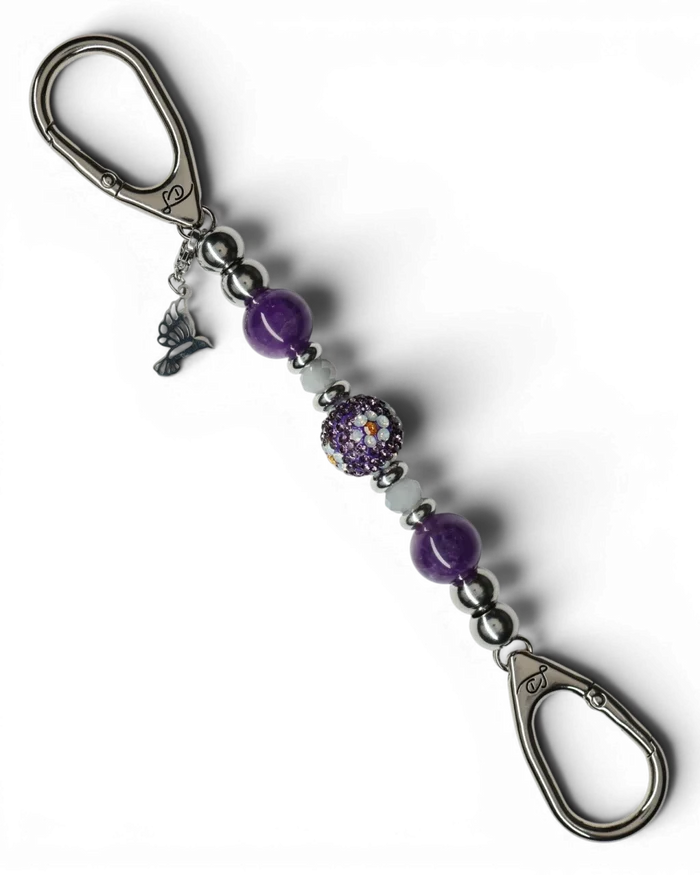 LD Keyfinder Hummingbird Dream Mini keychain with purple amethyst beads, crystal daisy bead, and silver hummingbird charm.