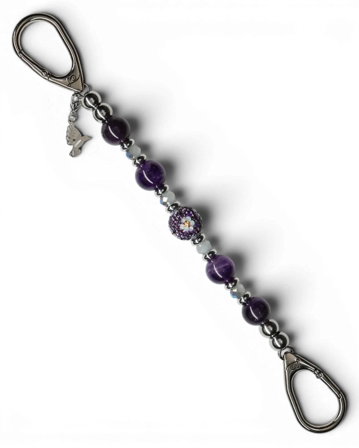 LD Keyfinder Hummingbird Dream keychain with amethyst, jade glass beads, and hummingbird charm.