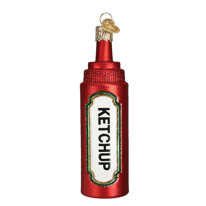 Decorative glass ketchup bottle ornament on a white background