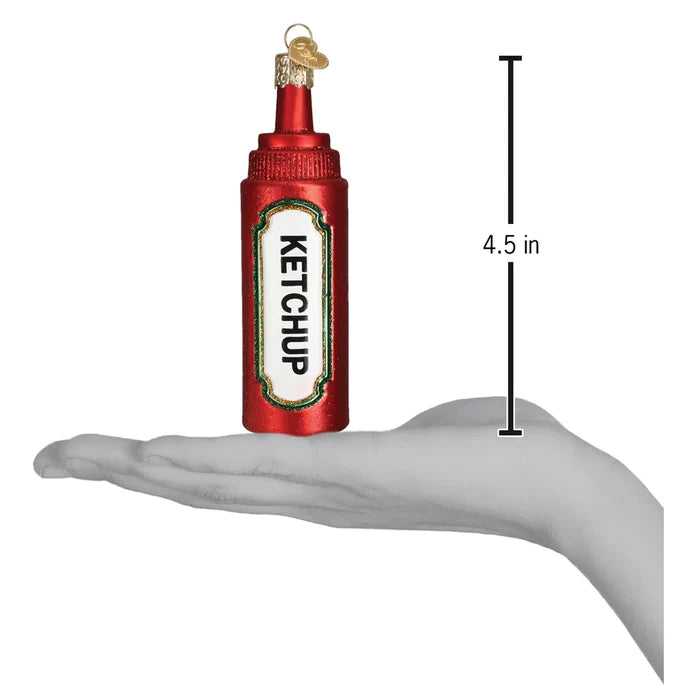 Ketchup bottle ornament with 'Ketchup' label on a white background, held in a hand for scale.