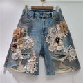 Lace-floral Patchwork, Brushed-texture Distressed Denim Shorts With Rhinestones And A Back Elastic Waist by Ricaloux