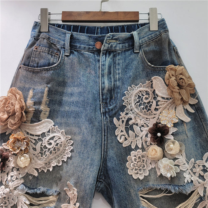 Lace-floral Patchwork, Brushed-texture Distressed Denim Shorts With Rhinestones And A Back Elastic Waist by Ricaloux