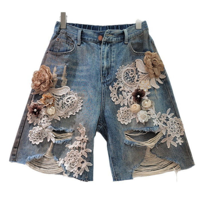 Lace-floral Patchwork, Brushed-texture Distressed Denim Shorts With Rhinestones And A Back Elastic Waist by Ricaloux