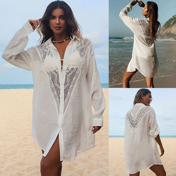 Lace Trimmed Blouse Style Swimsuit Cover Up Womens Sun Protective Beach Cardigan by Ricaloux