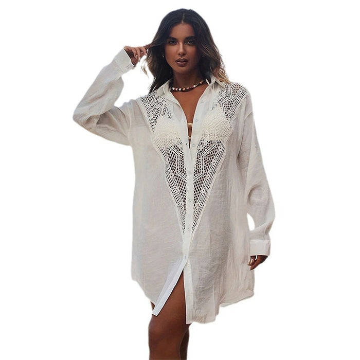 Lace Trimmed Blouse Style Swimsuit Cover Up Womens Sun Protective Beach Cardigan by Ricaloux