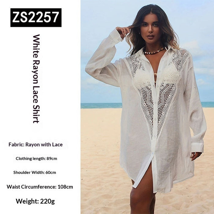 Lace Trimmed Blouse Style Swimsuit Cover Up Womens Sun Protective Beach Cardigan by Ricaloux