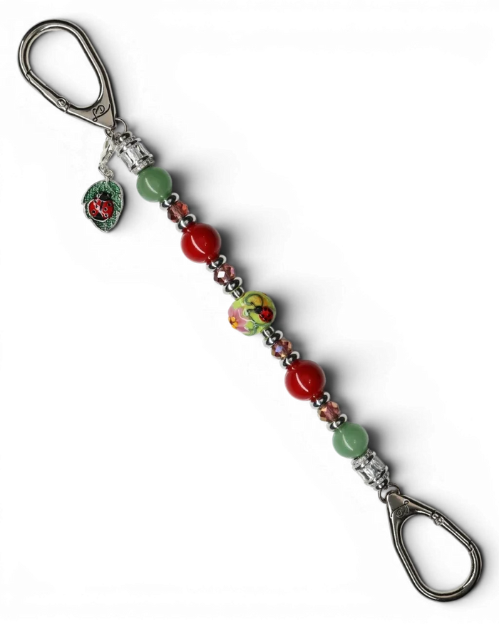 LD Keyfinder Ladybug Love beaded keychain with green aventurine, red shell pearls, and artisan ladybug glass bead.