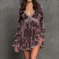 Lavender Velvet Mini Dress With Floral Print by Ricaloux