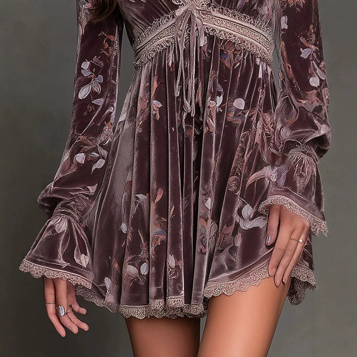 Lavender Velvet Mini Dress With Floral Print by Ricaloux