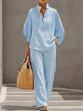 Linen Blend Stand Collar Half Button Batwing Sleeve Top & Wide Leg Pants Casual Two Piece Vacation Outfit Set – Premium 4 | RICALOUX