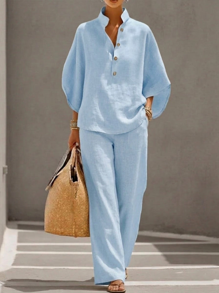 Linen Blend Stand Collar Half Button Batwing Sleeve Top & Wide Leg Pants Casual Two Piece Vacation Outfit Set – Premium 4 | RICALOUX