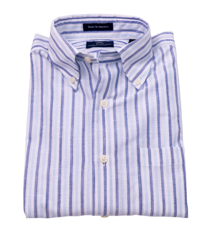 LINEN BUTTON DOWN SPORT SHIRT - BLUE STRIPE