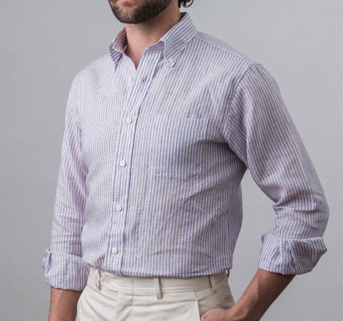 LINEN BUTTON DOWN SPORT SHIRT - LAVENDER STRIPE