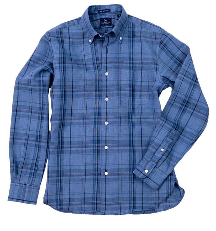 LINEN BUTTON DOWN SPORT SHIRT - NAVY PLAID