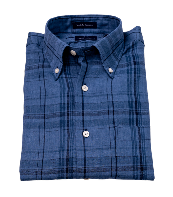 LINEN BUTTON DOWN SPORT SHIRT - NAVY PLAID