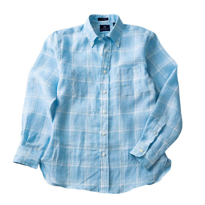 LINEN BUTTON DOWN SPORT SHIRT - SKY BLUE PLAID