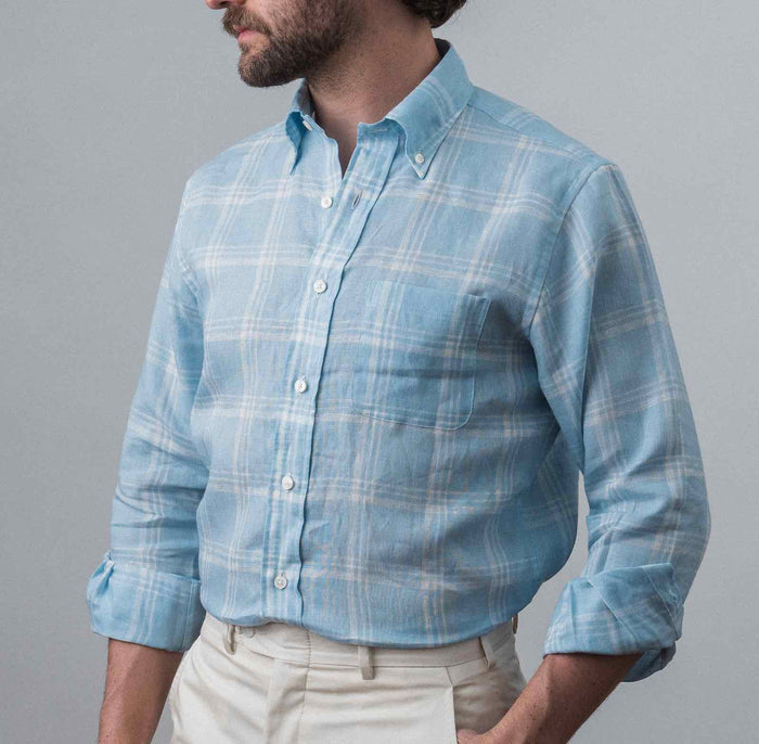 LINEN BUTTON DOWN SPORT SHIRT - SKY BLUE PLAID