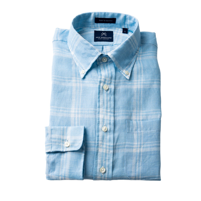 LINEN BUTTON DOWN SPORT SHIRT - SKY BLUE PLAID