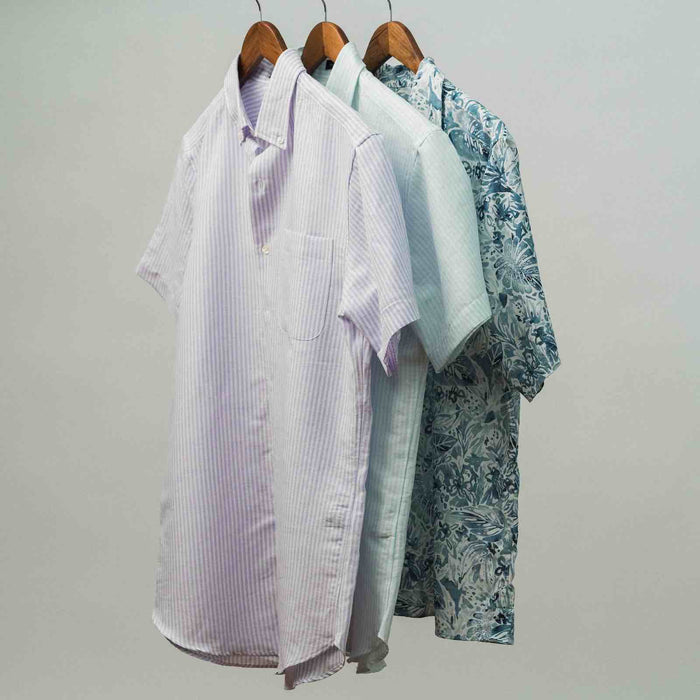 LINEN SHORT SLEEVE SPORT SHIRT - LAVENDER STRIPE