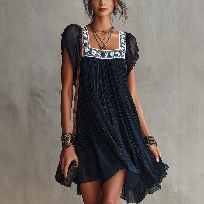 Loose-fitting Flowing Bohemian Resort-style Short Dress by Ricaloux