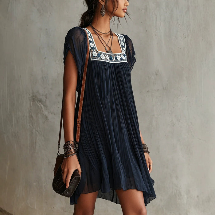 Loose-fitting Flowing Bohemian Resort-style Short Dress by Ricaloux