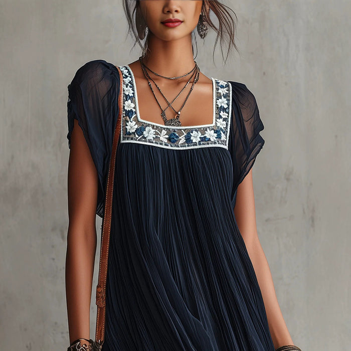 Loose-fitting Flowing Bohemian Resort-style Short Dress by Ricaloux