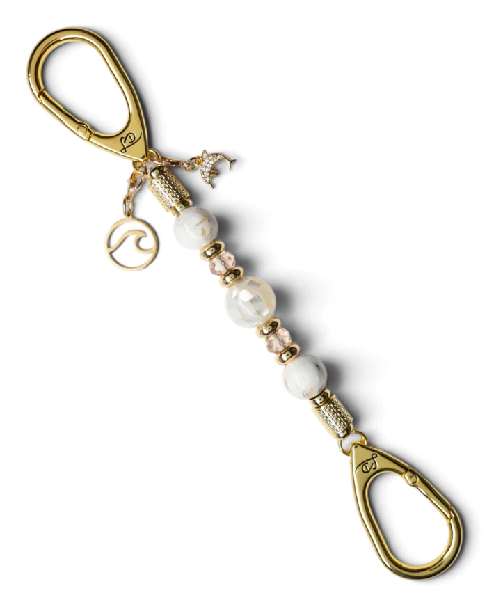 LD Keyfinder Mediterranean Glow-Mini featuring Mother of Pearl, ivory seashell beads, gold glass beads, and charms.