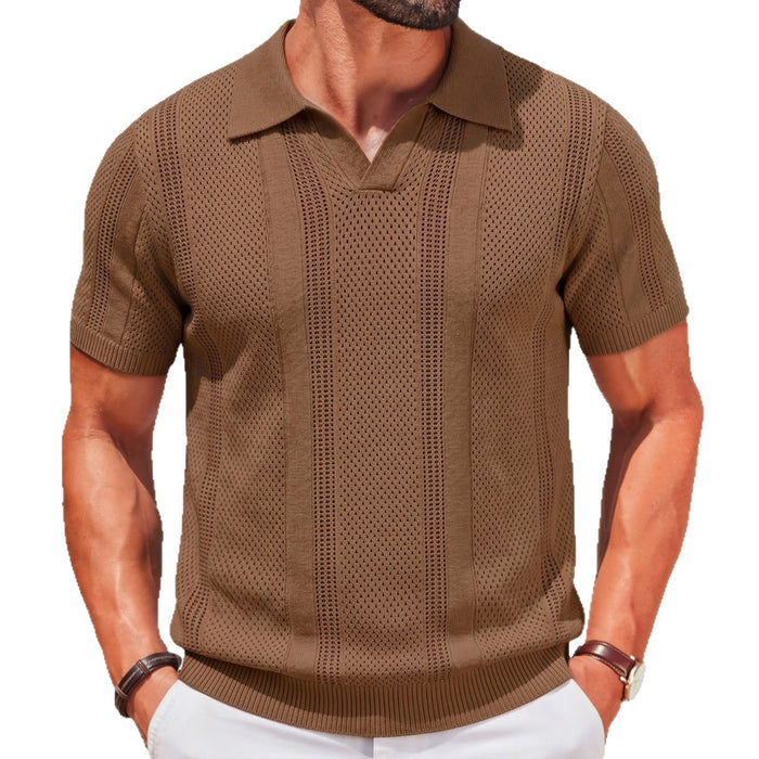 Mens Hollow-Out Knitted Polo Shirt by Ricaloux