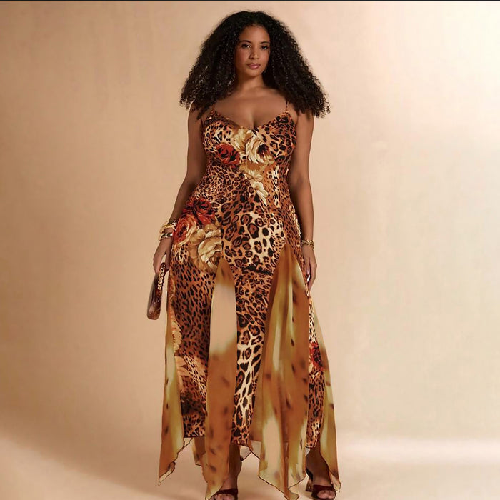 Mesh-panel Digital-print Camisole Dress by Ricaloux