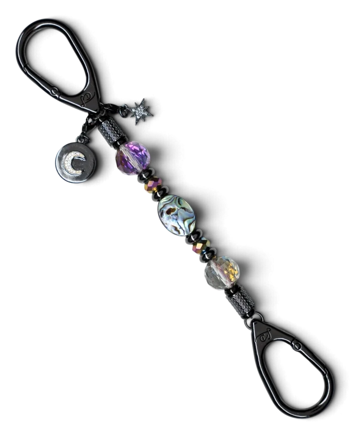 LD Keyfinder Midnight Aurora-Mini keychain with abalone shell, rainbow crystal beads, and moon and star charms.