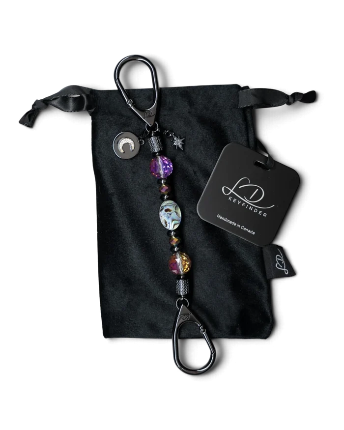 LD Keyfinder Midnight Aurora-Mini keychain with abalone shell, rainbow crystal beads, and moon and star charms.